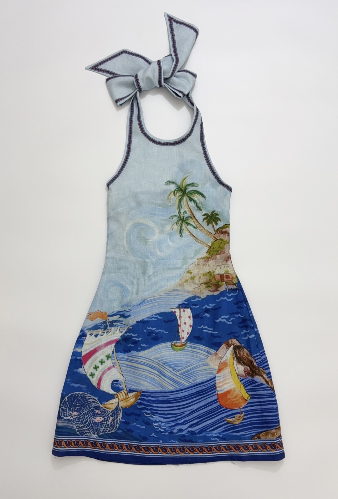 Alémais Blue Ocean Print Halterneck Beach Mini Dress