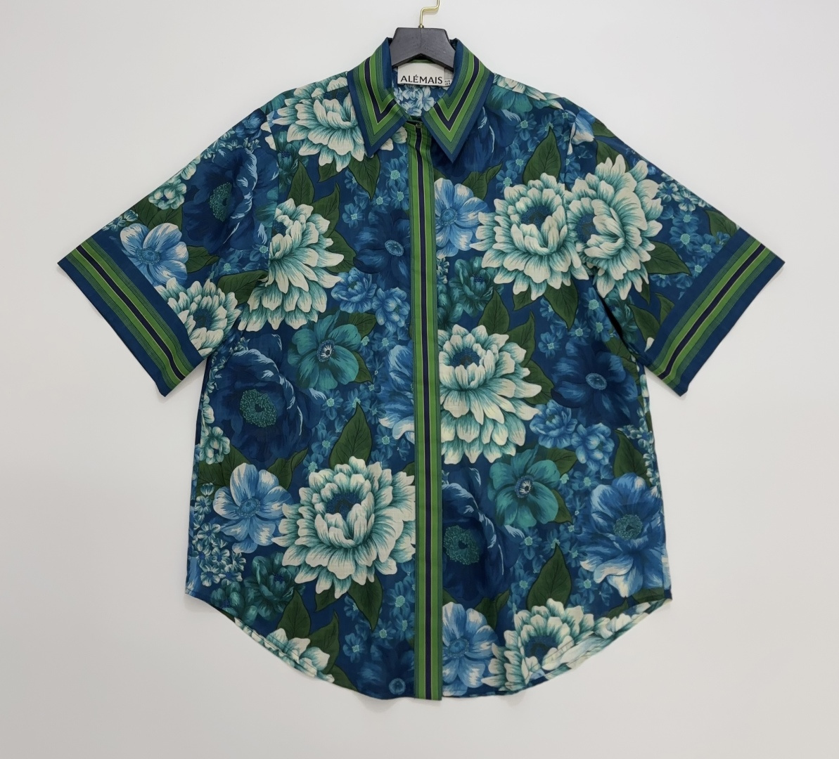 Alémais Sheer Cotton Green Stripe Oil Painting Print Short Sleeve Shirt
