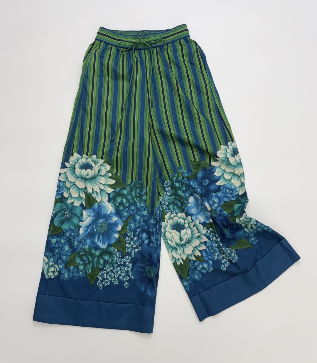 Alémais Gauze Cotton Green Striped Wide-Leg Trousers