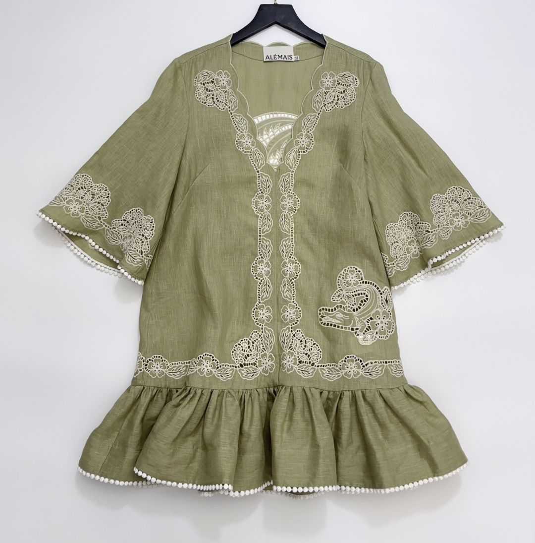 Alémais Linen Cutout Green Louis Embroidered Resort Mini Dress