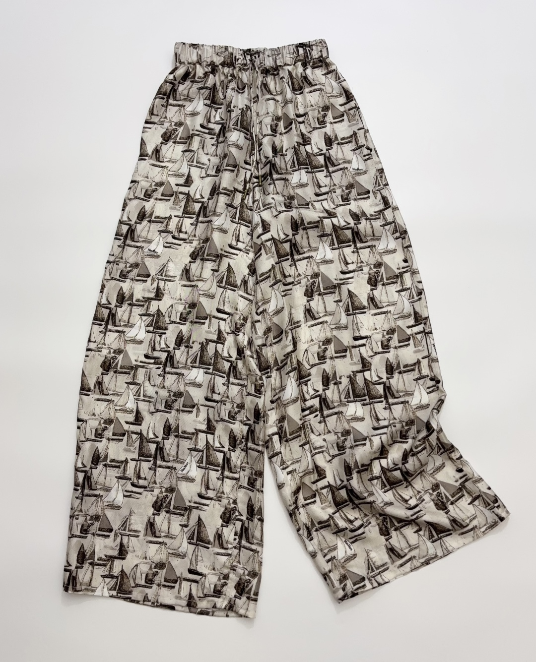 Max Mara Studio Sailboat Print Elastic Waist Loose Wide Leg Casual Pants