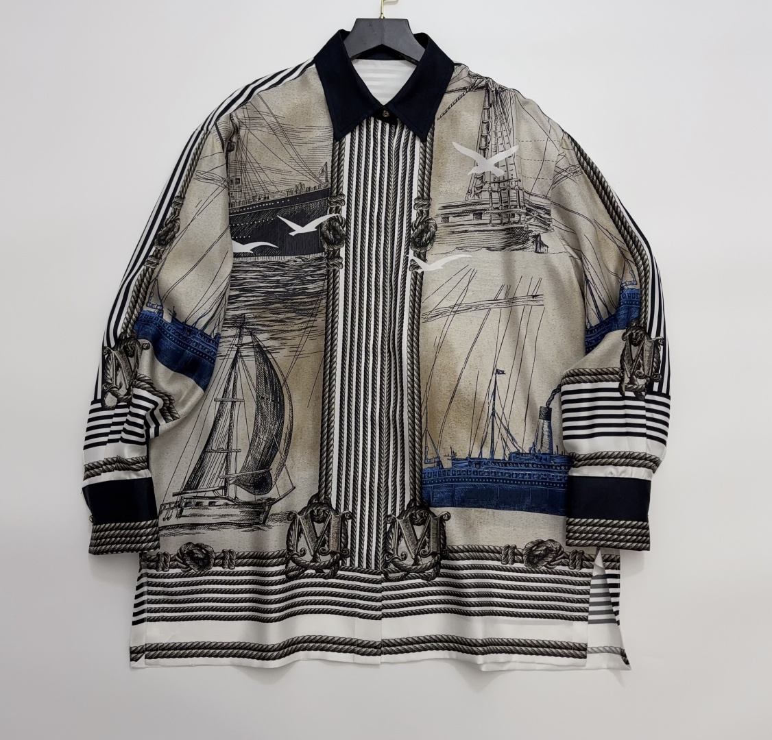 Max Mara Studio Sailboat Print Long Sleeve Collared Loose Shirt