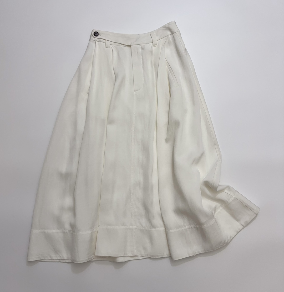 White Linen Blend Draped Midi A-Line Skirt