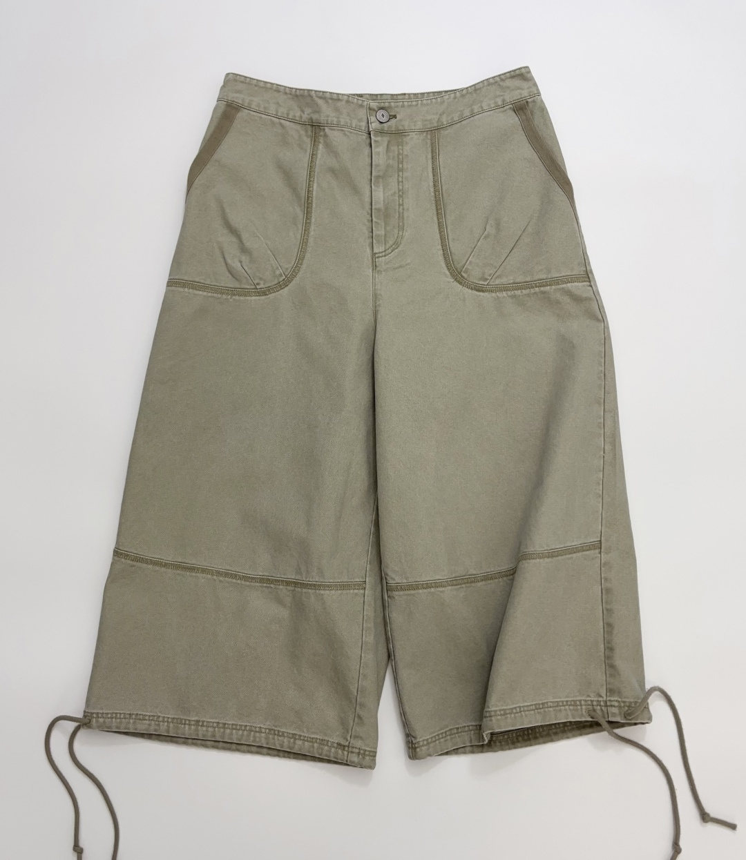 Helmut Lang Drawstring Cuffed Topstitched Paneled Wide-Leg Cropped Jeans