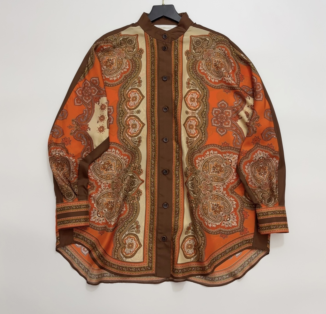 Zimmermann MAHON Mulberry Silk Orange Print Batwing Sleeve Shirt