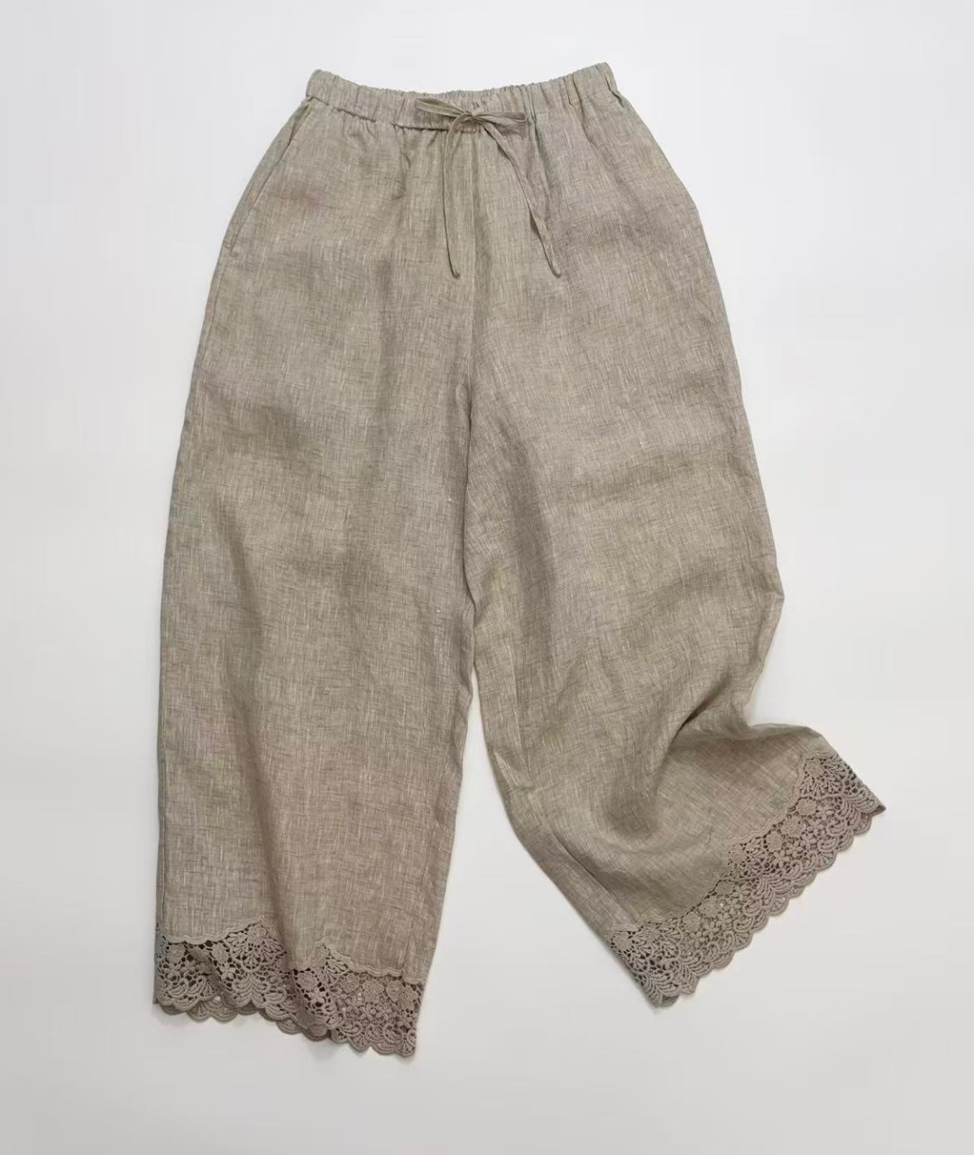Rixo Washed Linen Lace Trim Patchwork Drawstring Wide Leg Pants