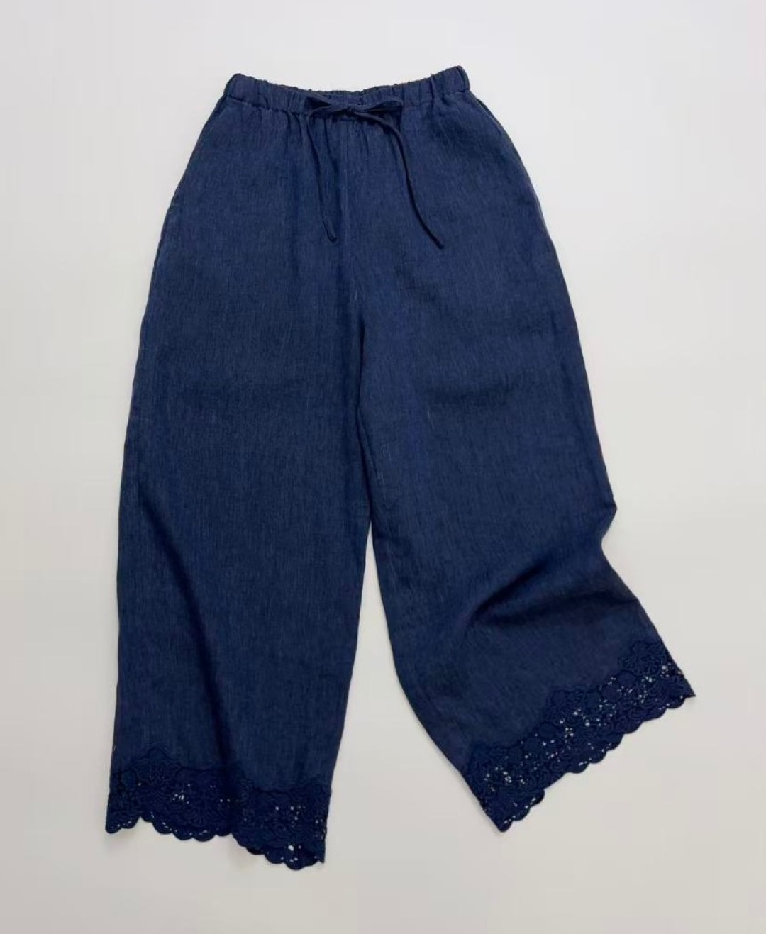Rixo Washed Linen Lace Trim Patchwork Drawstring Wide Leg Pants