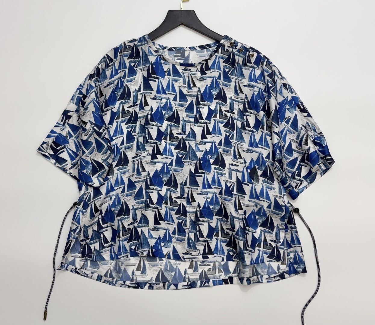 Max Mara Grey Label Sailing Boat Print Drawstring Waist Drop Shoulder Short Sleeve Top