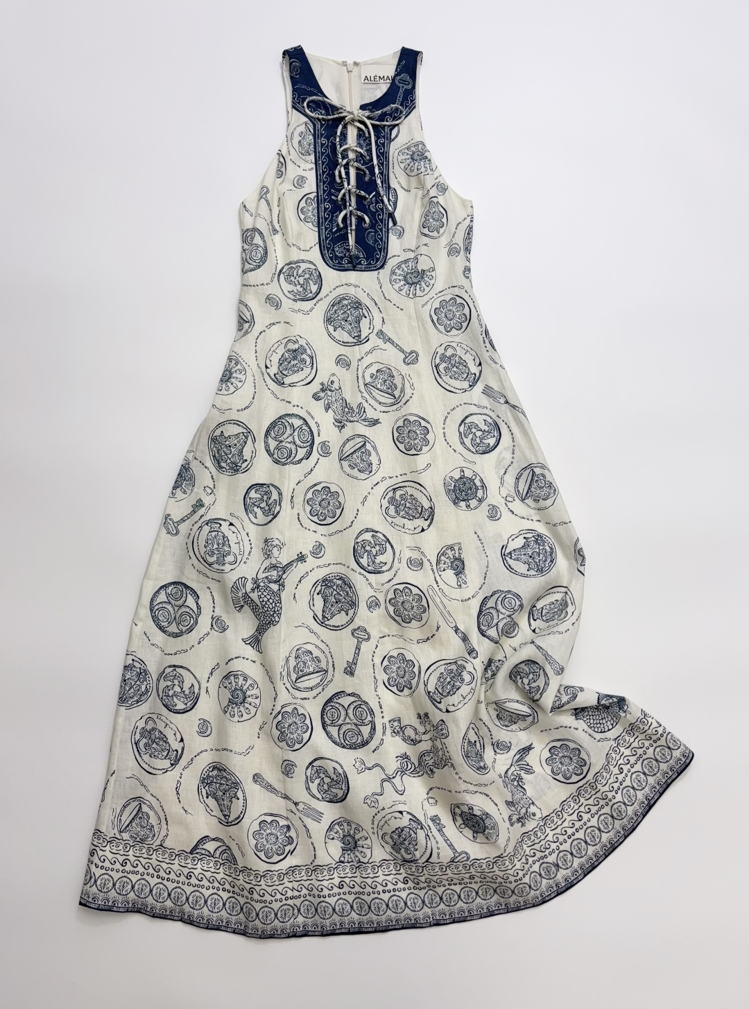 Alémais Lucky Tie-Waist Print Linen Midi Dress