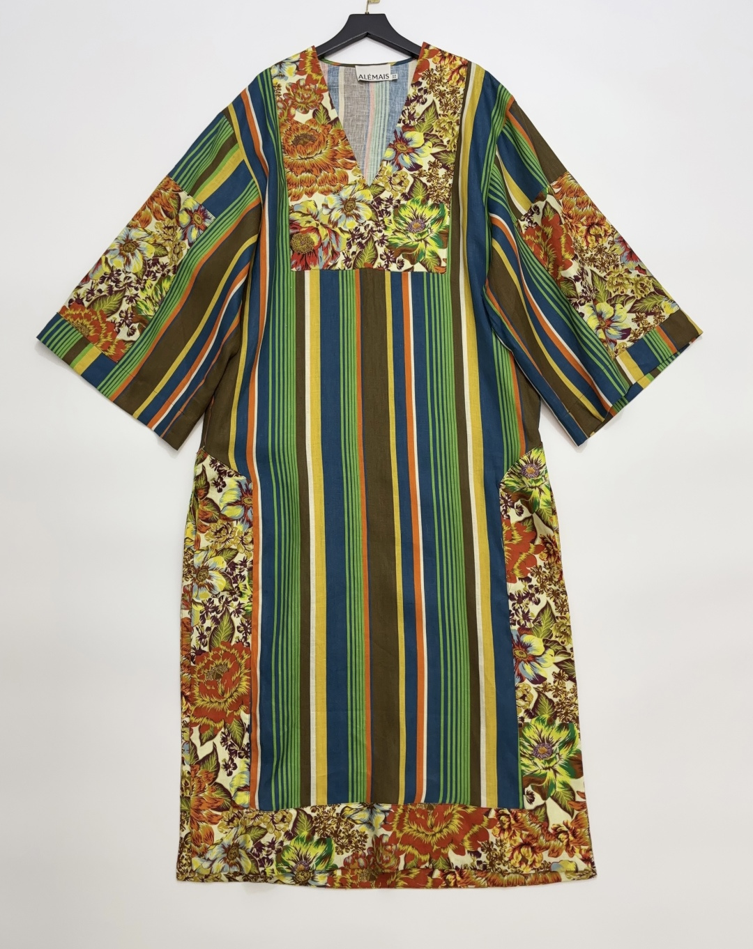 Alémais Charlie Linen Stripe Print Patchwork V-Neck Casual Maxi Dress