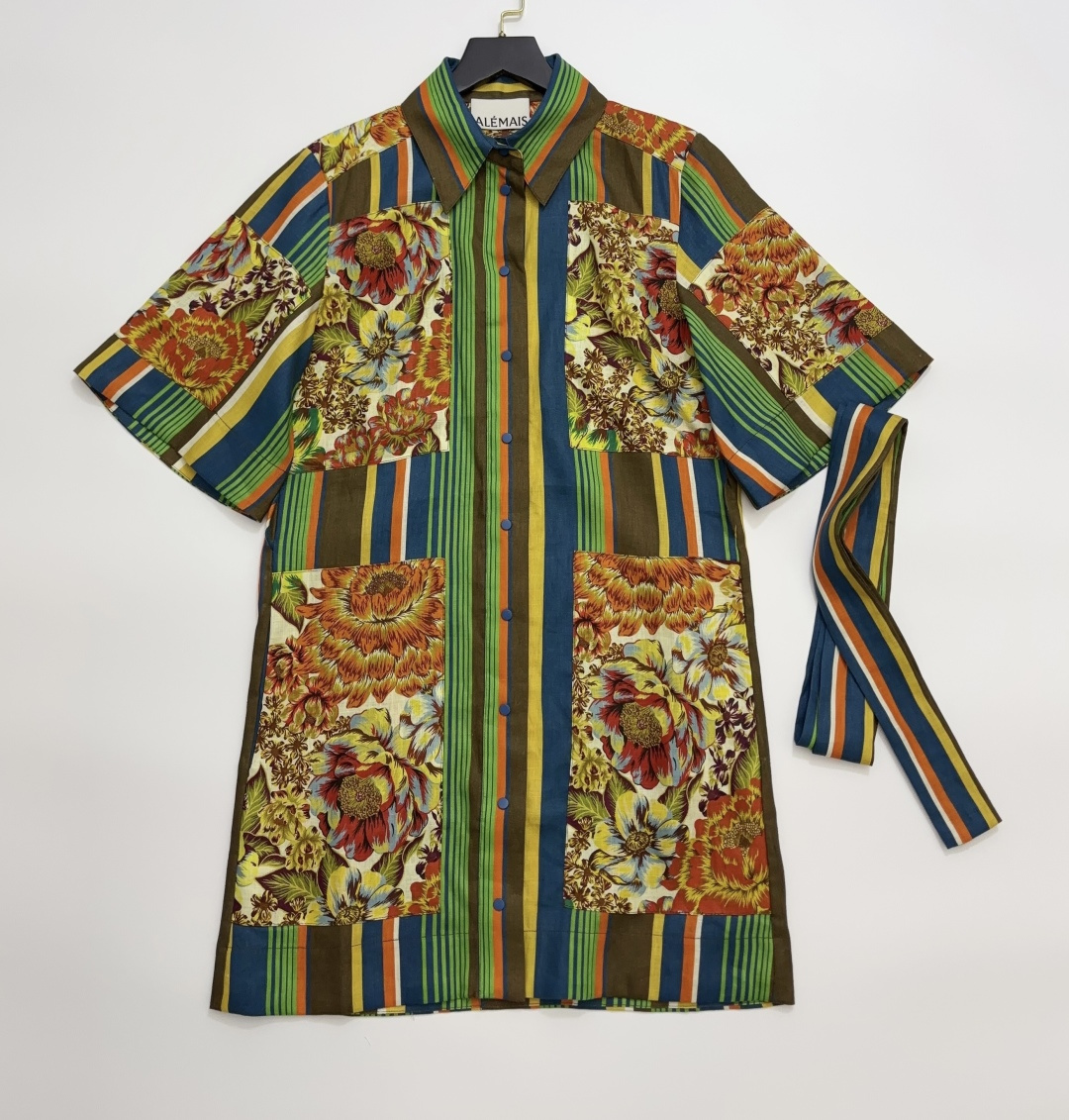 Alémais Charlie Linen Stripe Print Patchwork Shirt Dress