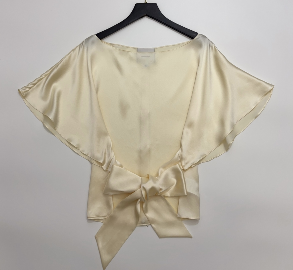 Reformation French Elegant Boat Neck Flare Sleeve Back Tie Waist Blouse