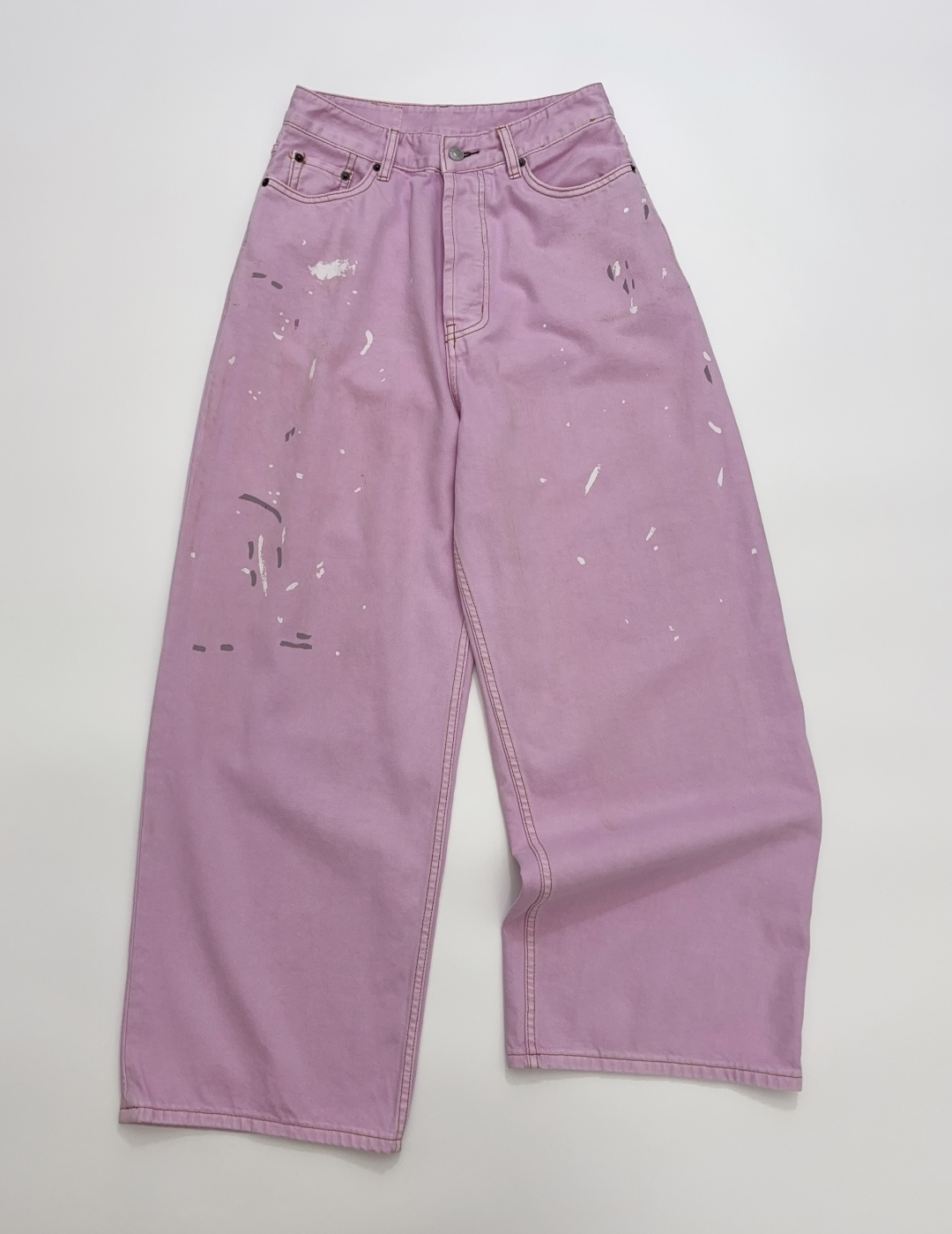 Acne Studios Pink Paint Splatter Distressed Straight Leg Denim Button-Fly Wide Leg Pants