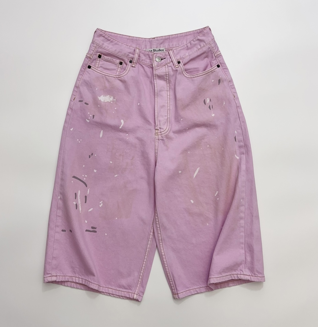 Acne Studios Pink Splatter Distressed Loose Wide Leg Denim Trousers