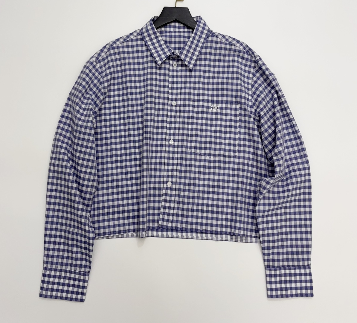 Celine Blue and White Plaid Lapel Long-Sleeve Shirt Top