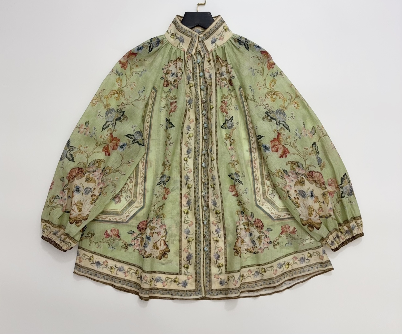 Zimmermann Floral Stand Collar Lantern Sleeve Ramie Shirt