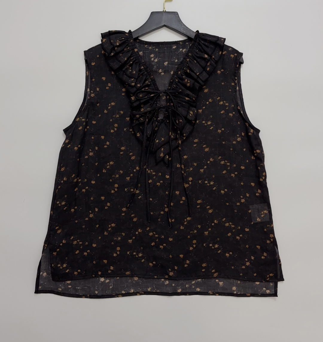 Independent Label Tie-Front Ruffle V-Neck Ramie Semi-Sheer Vest Top