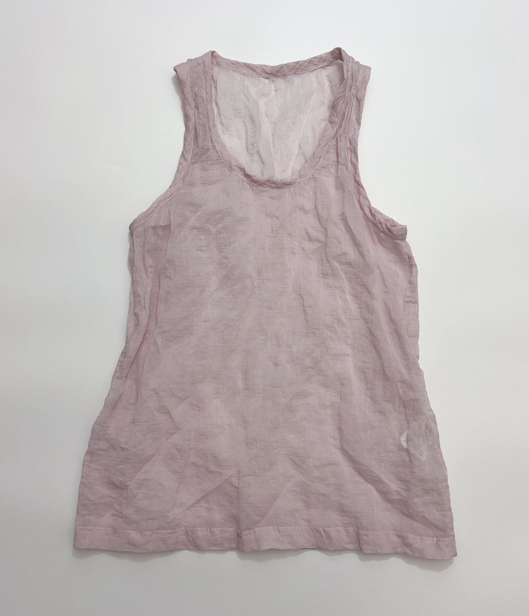 Tot Pink Sheer Lightweight Pleated Mesh Low Round Neck Sleeveless Cami Top