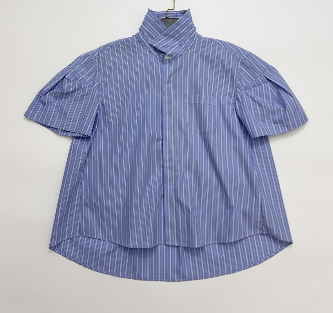 Sacai Blue Striped Stand Collar Puff Sleeve Shirt