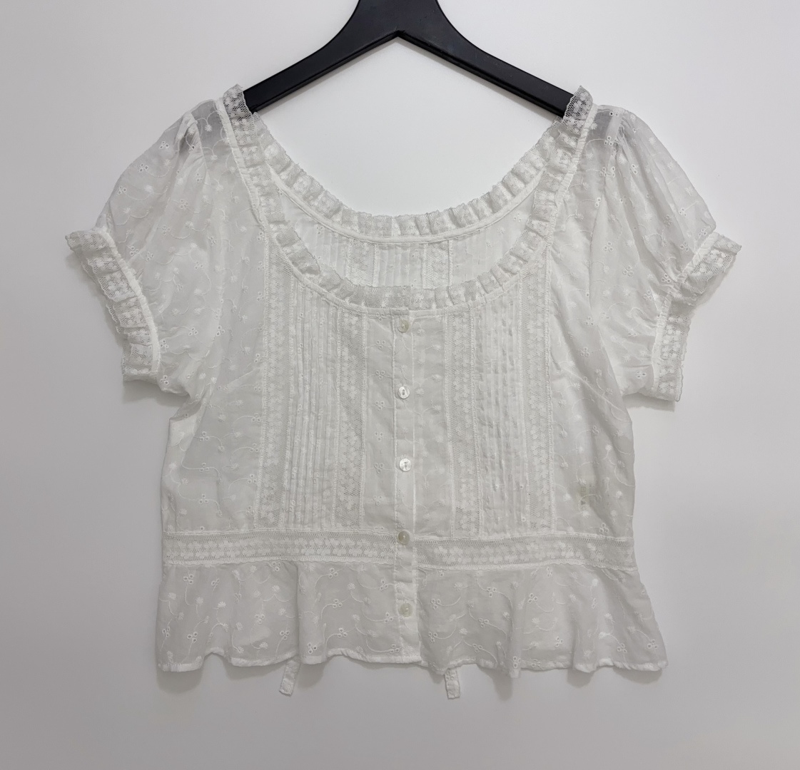 Rixo French Style Waist-Cinching Square Neck Lace Embroidered Shirt