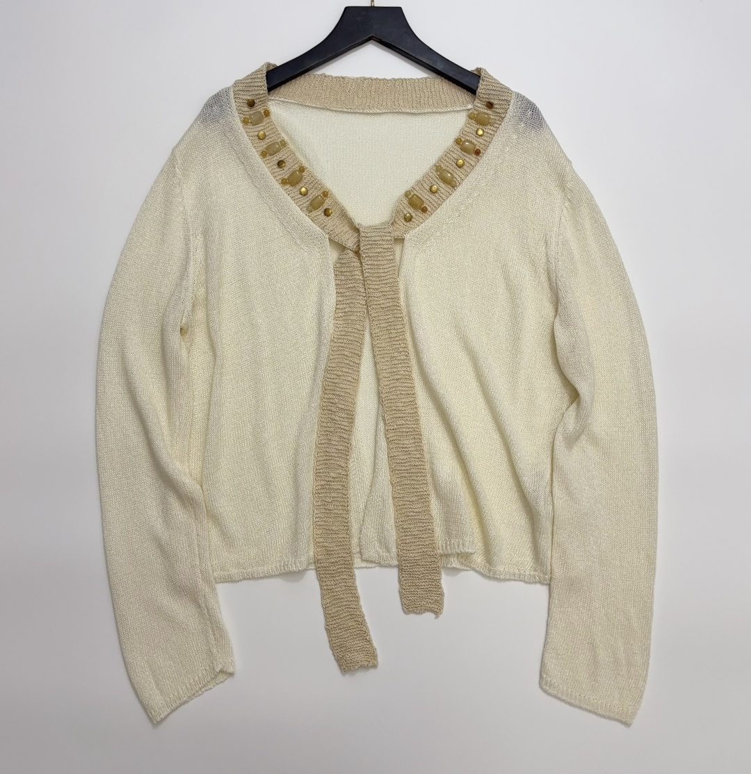 XU ZHI Beaded Trim Tie-Front Knit Cardigan