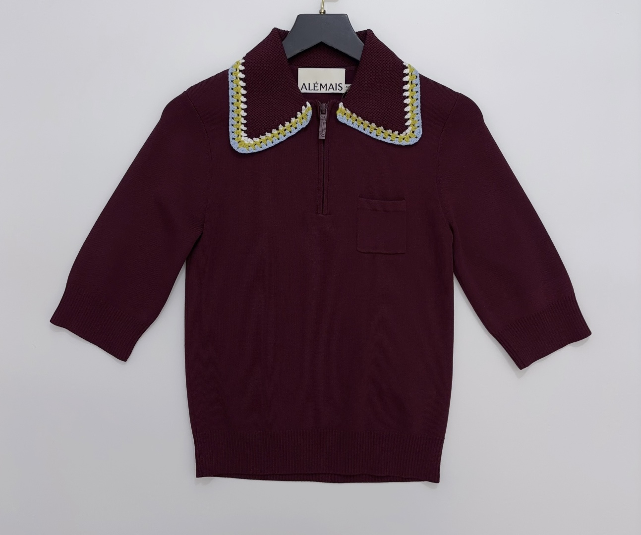 Alémais Crochet Trim Colorblock Knit Polo Short Sleeve Top