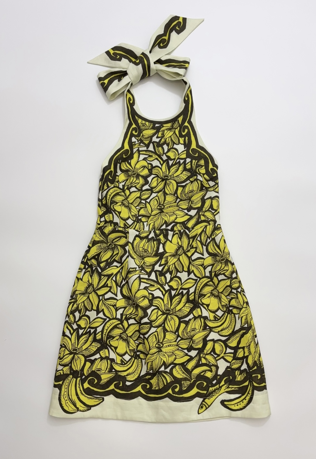 Alémais Linen Bright Yellow Floral Print Halterneck Backless Mini Dress