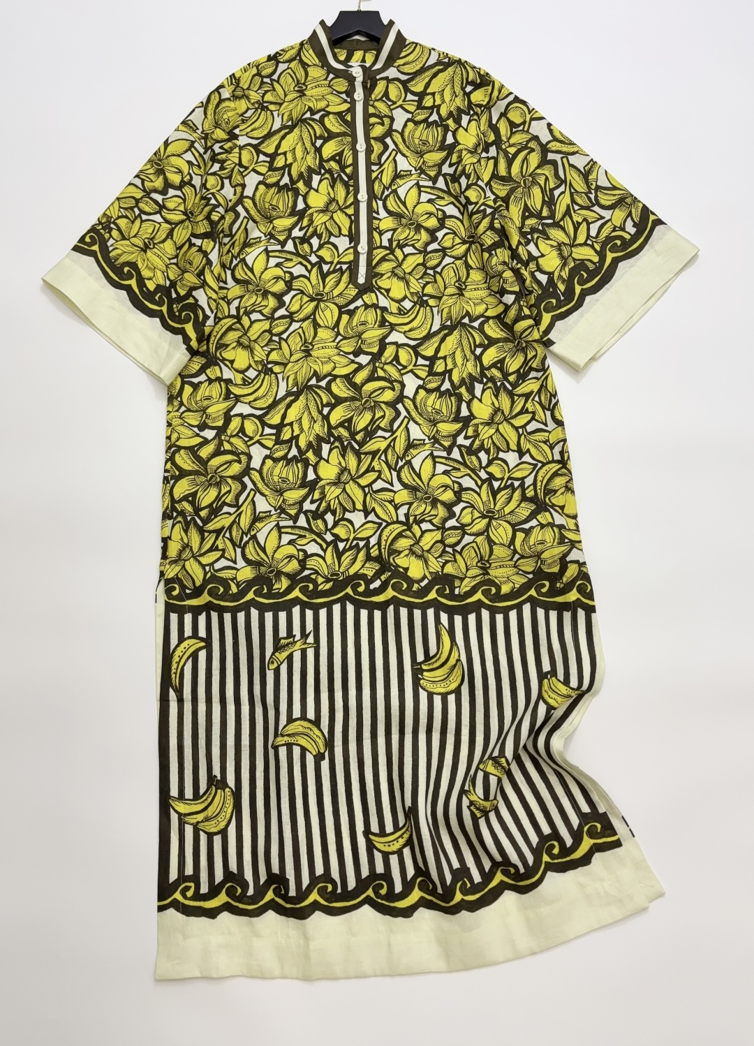 Alémais Linen Bright Yellow Floral Print Stand Collar Long Resort Dress