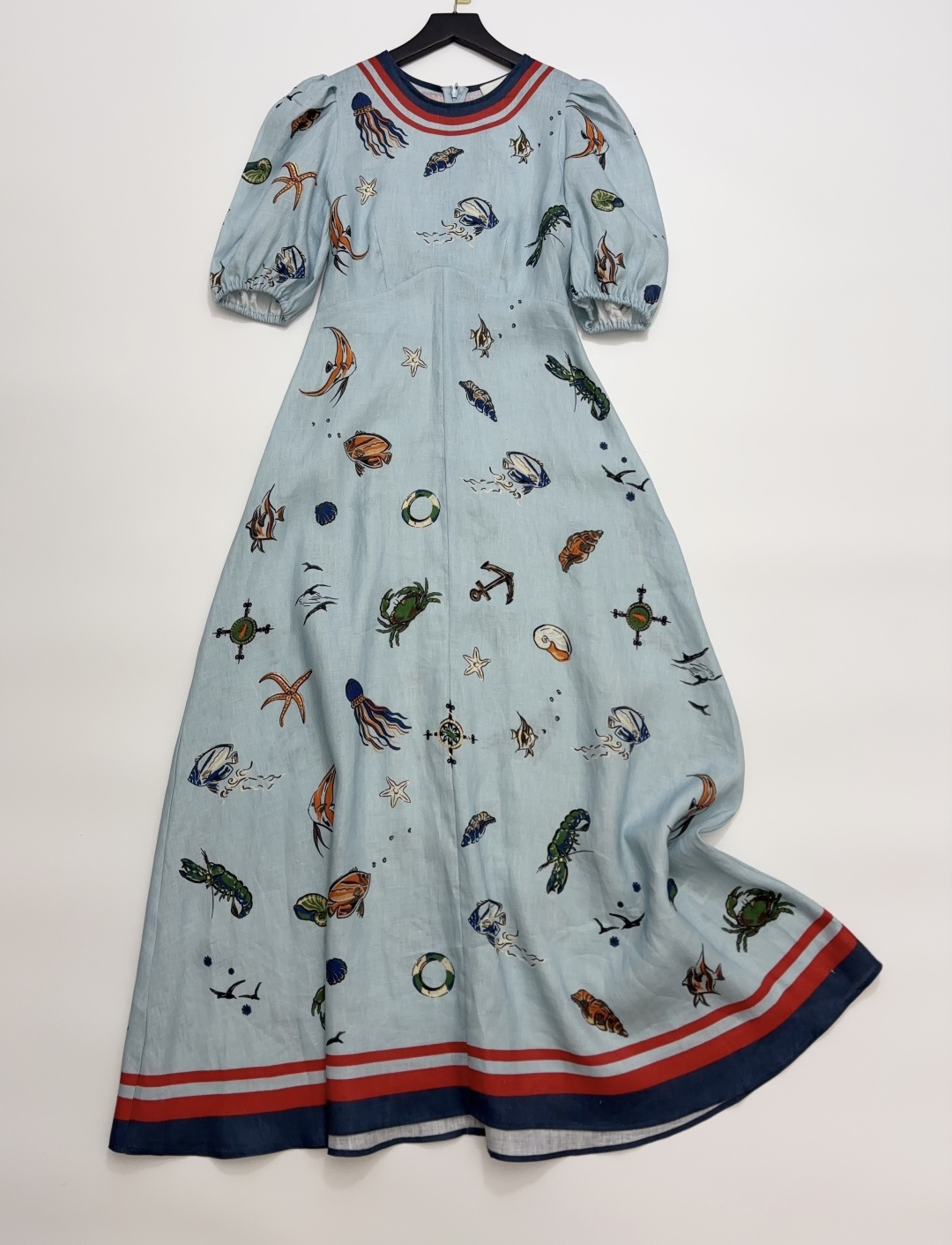 Alémais Ocean Print Puff Sleeve Cinched Waist Dress