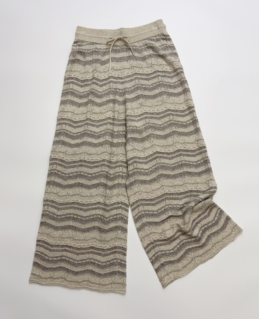 3D Striped Hollow Crochet Drape Knit Casual Trousers with Elastic Waist