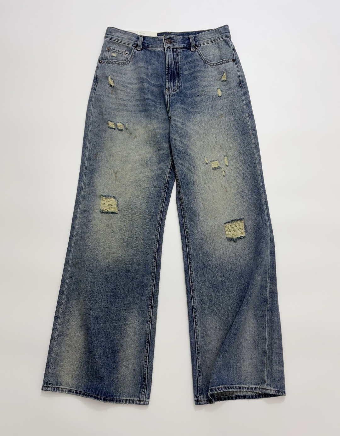 Faded Distressed Flared Wide-Leg Soft Cotton Jeans