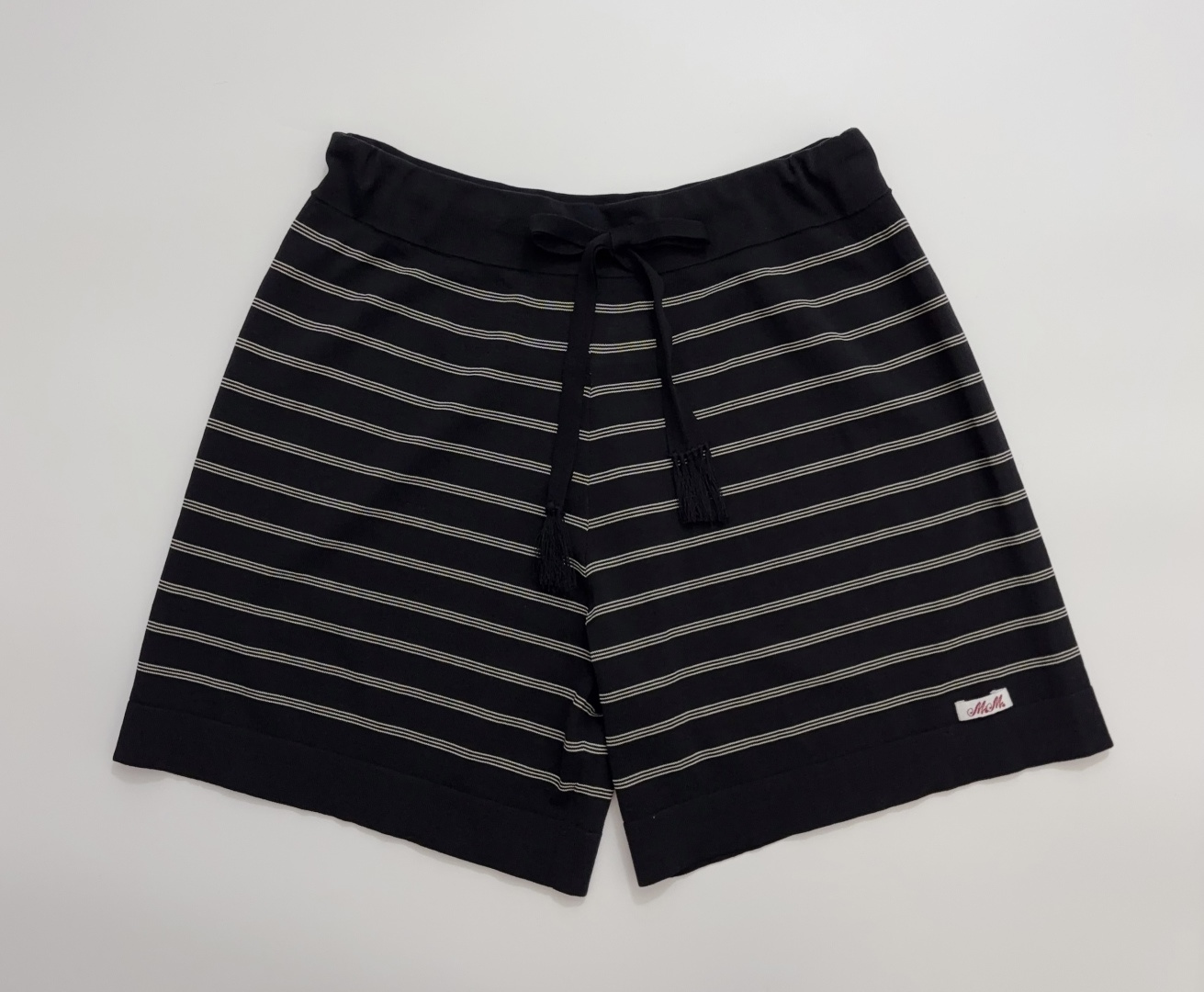 Black and White Striped Breathable Cotton Knit Elastic Waist Shorts