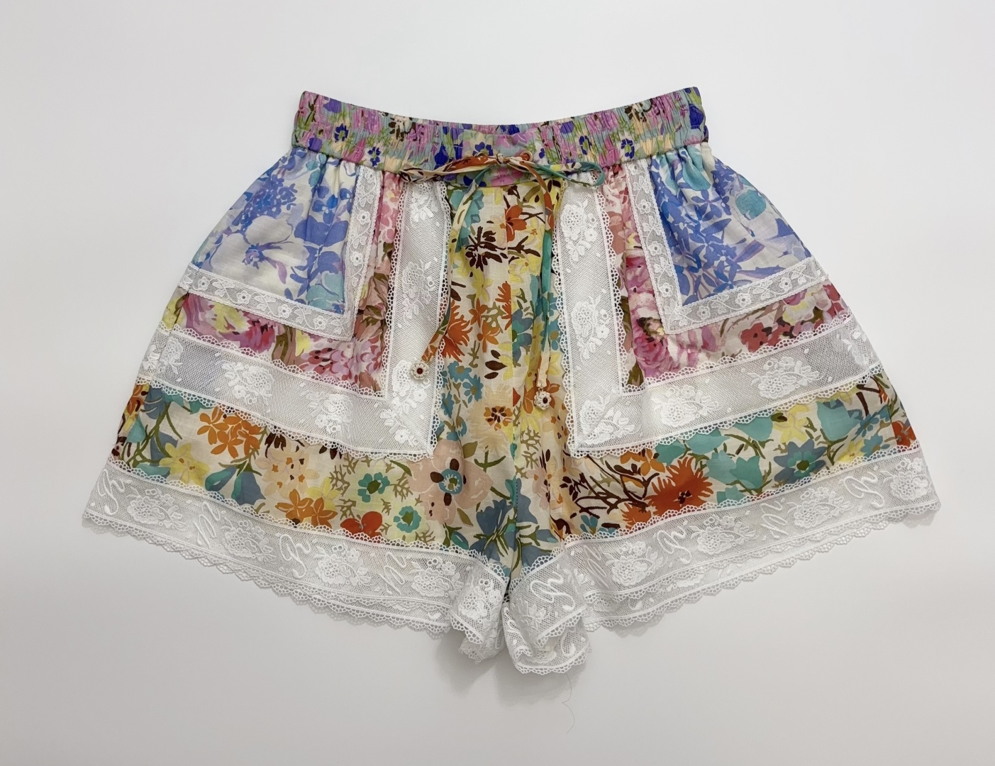 Zimmermann Solstice Resort Print Lace Patchwork Elastic Waist Shorts