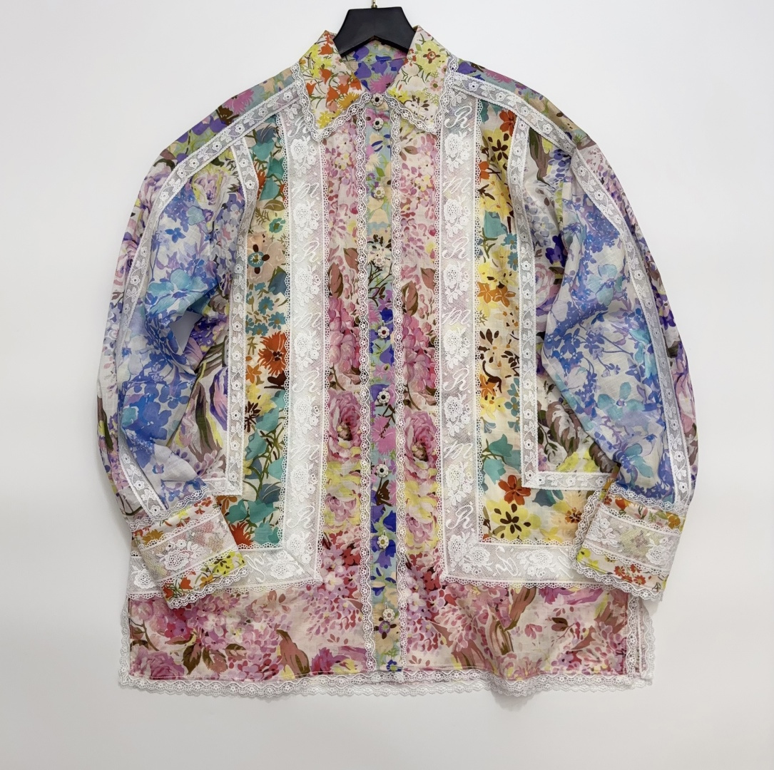 Zimmermann Solstice Resort Style Floral Print Lace Paneled Shirt