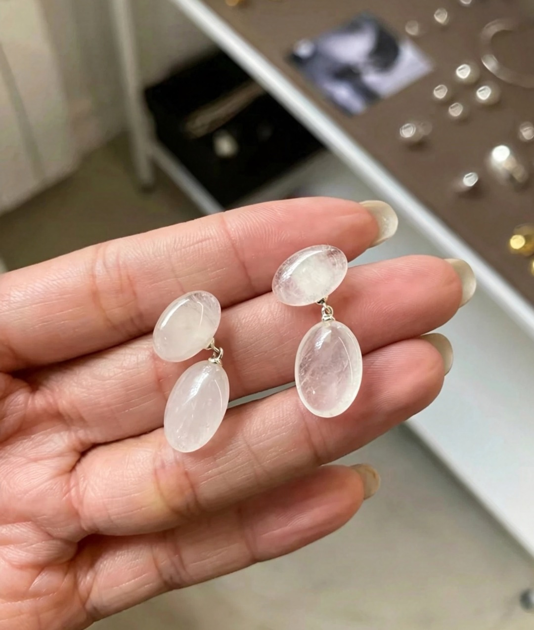 Ragbag Nordic Niche Pure Silver Jade Short White Jade Drop Earrings