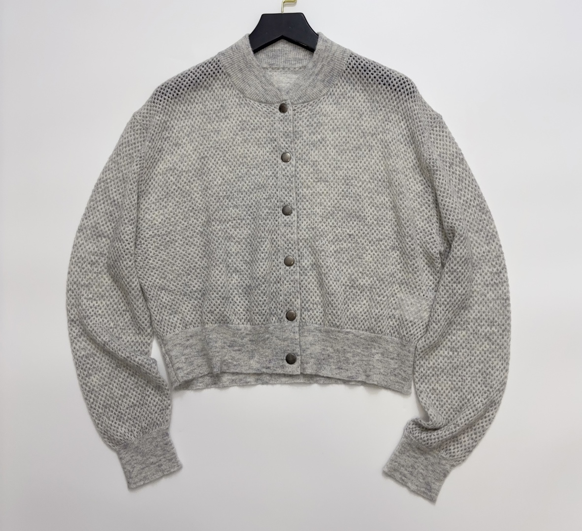 Elegant Stand-Collar Hollow Knit Cardigan Light Grey Long Sleeve Top