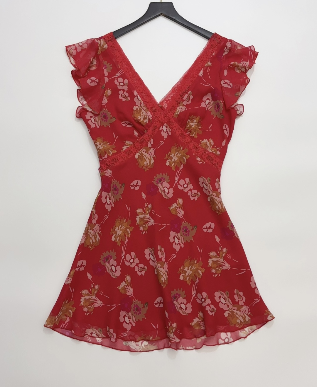 Réalisation Par The Erin Red Floral Silk Bias-Cut A-Line Mini Dress