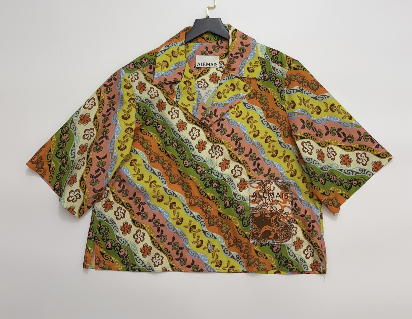 Alémais Wavy Print Loose Casual Short Sleeve Cotton Shirt