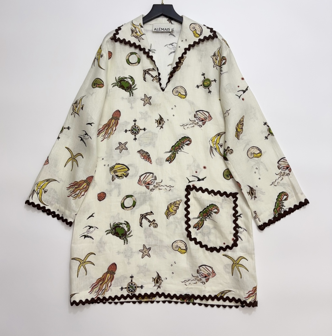 Alémais Linen Ocean Print Long Sleeve Resort Mini Dress
