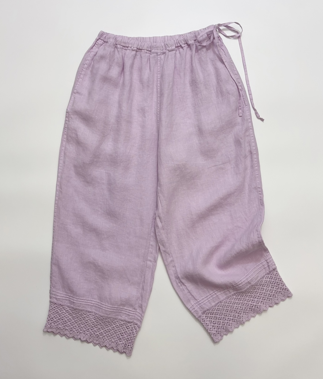 Japanese Cut-Label Lace Patchwork Soft Linen Straight-Leg Cropped Casual Trousers