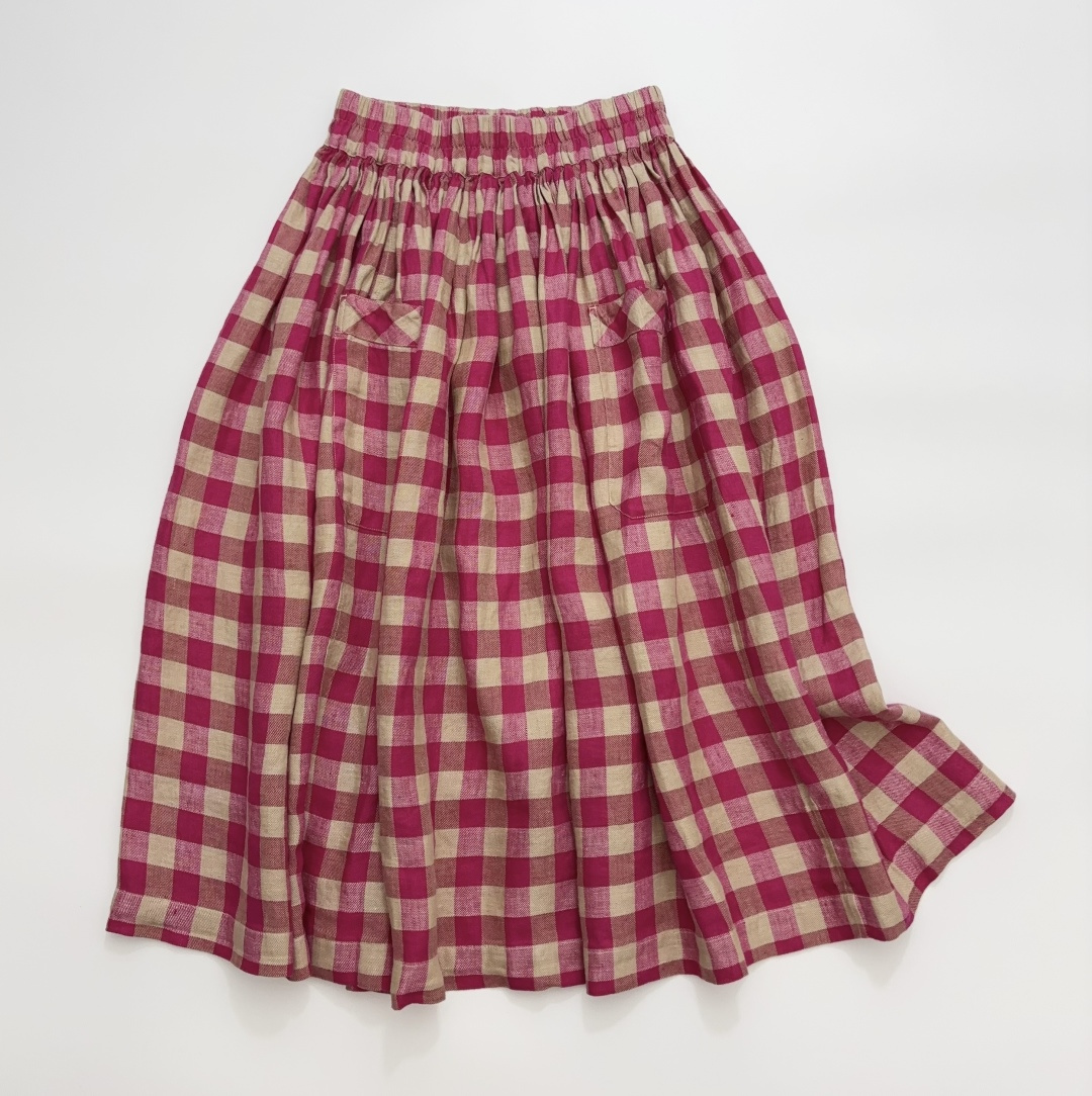 Japanese Vintage Yarn-Dyed Linen Pink Plaid A-Line Elastic Waist Long Skirt