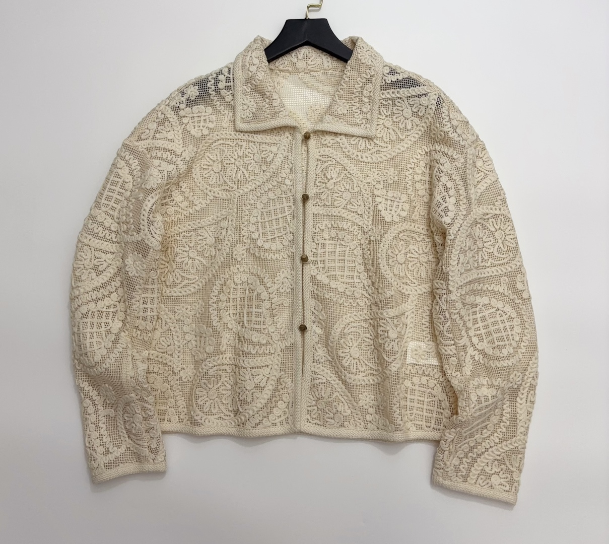 bash Off-White Hollow Crochet Revere Collar Cardigan