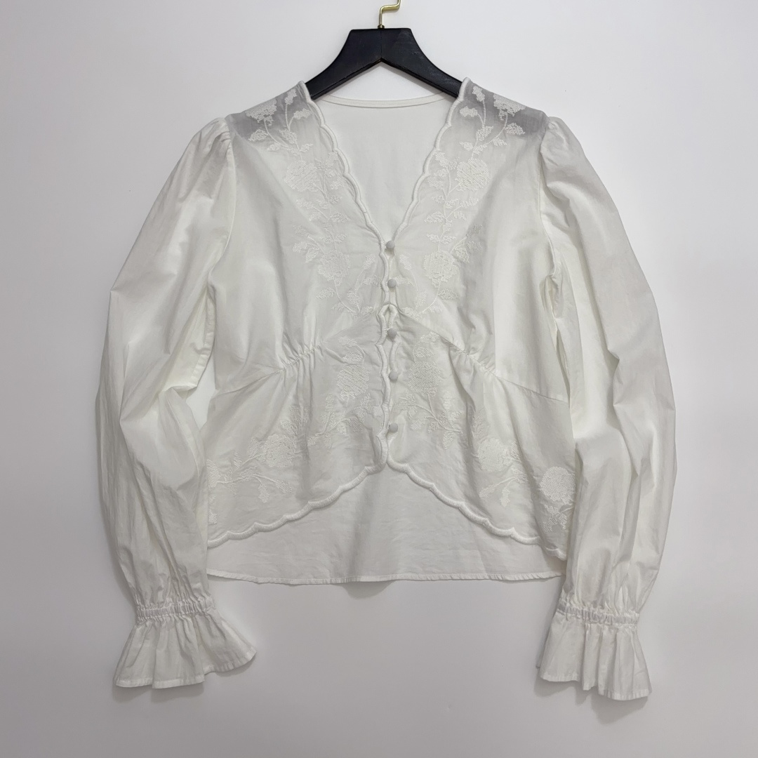 Embroidered Lace Ruffle Sleeve Button-Up Shirt