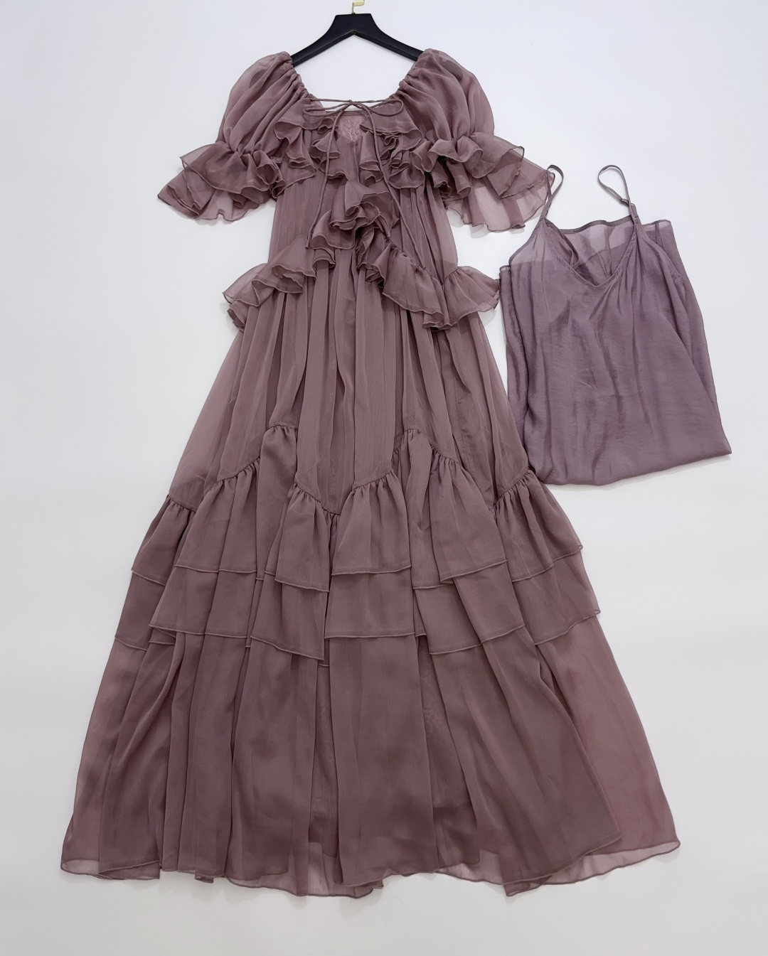 Lace Ruffled Seven-Quarter Sleeve Long Dress