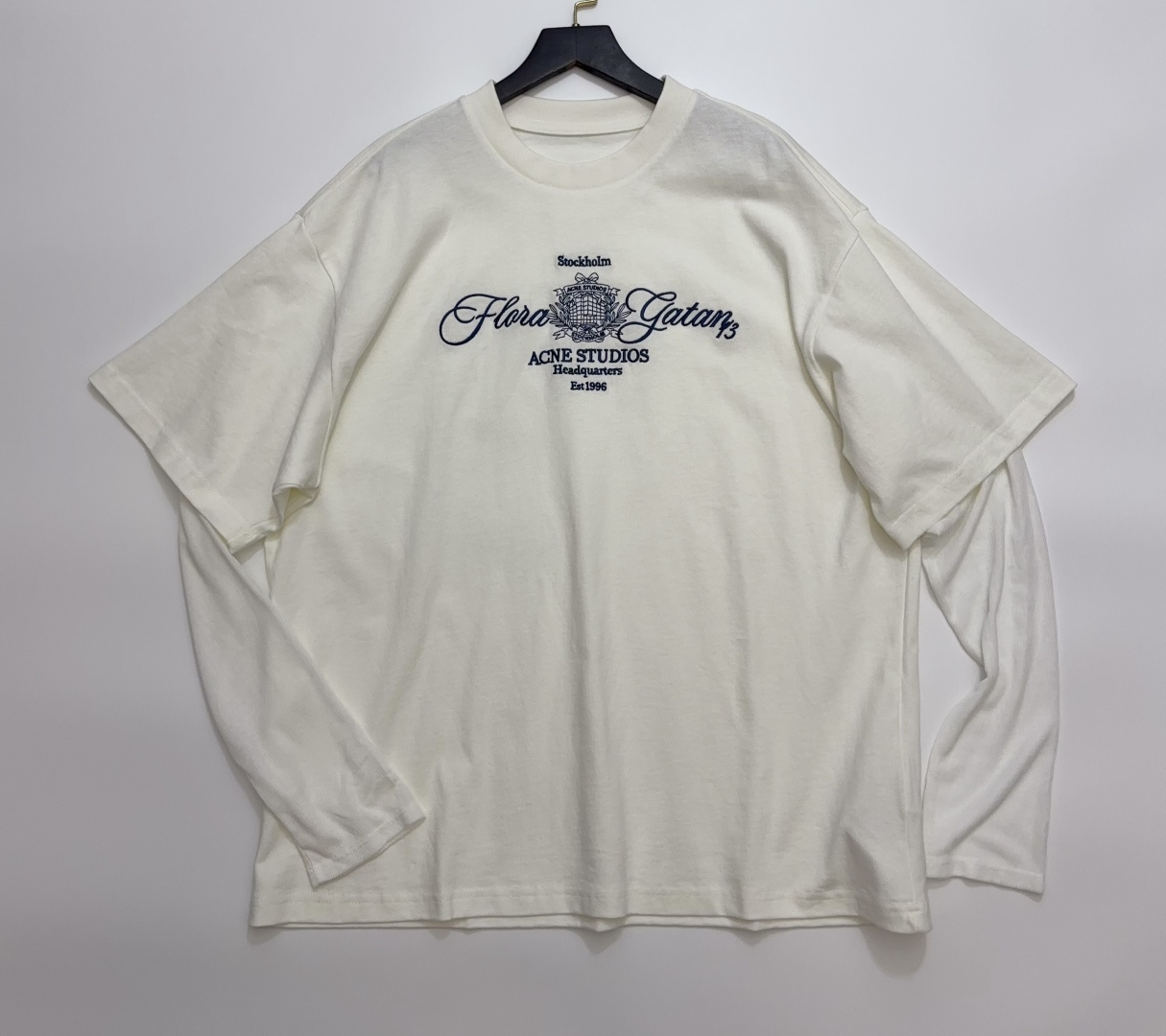 Acne Studios Blue Embroidered Letter Two-Piece Effect Long Sleeve Relaxed T-Shirt