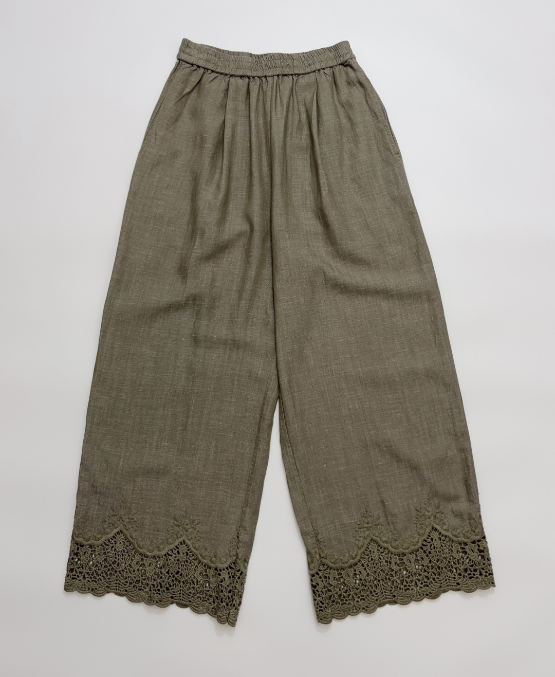 Dôen Lace Patchwork Tencel Linen Straight Leg Cropped Casual Pants