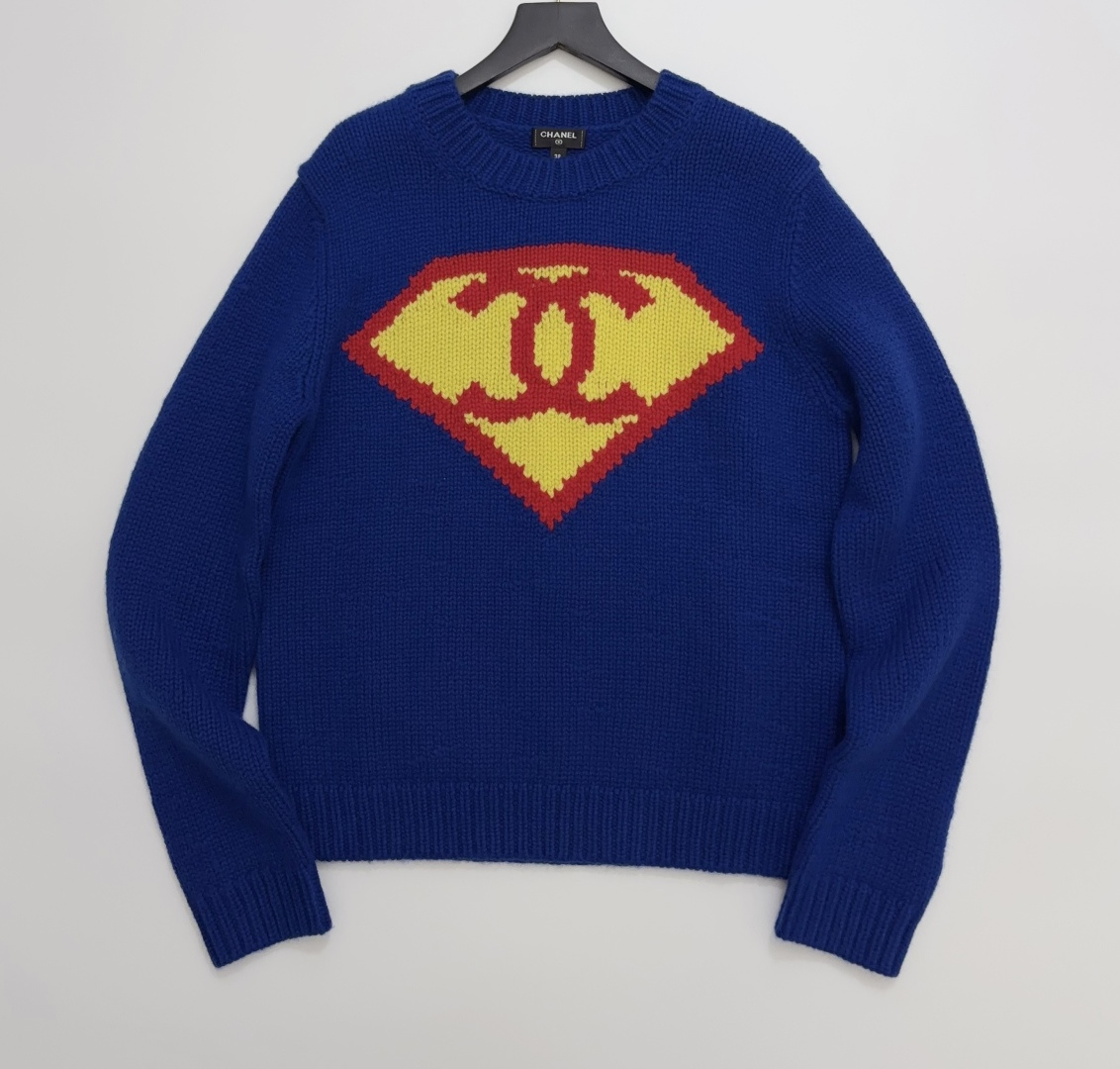 Chanel Blue Round Neck Double C Superman Knit Sweater (Jennie's Style)