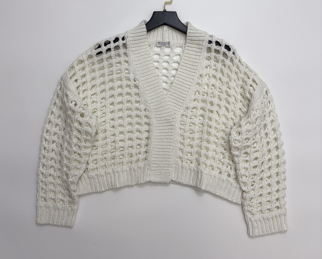 Brunello Cucinelli Cropped Hollow Design 3D Large Mesh Loose Knit Cardigan V-Neck Jacket
