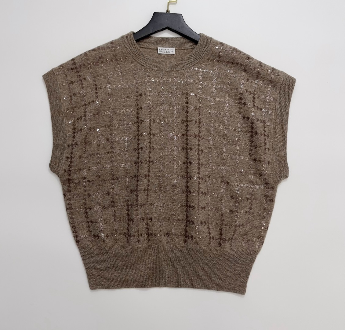 Brunello Cucinelli Checked Embroidered Cashmere Knit T-Shirt Vest