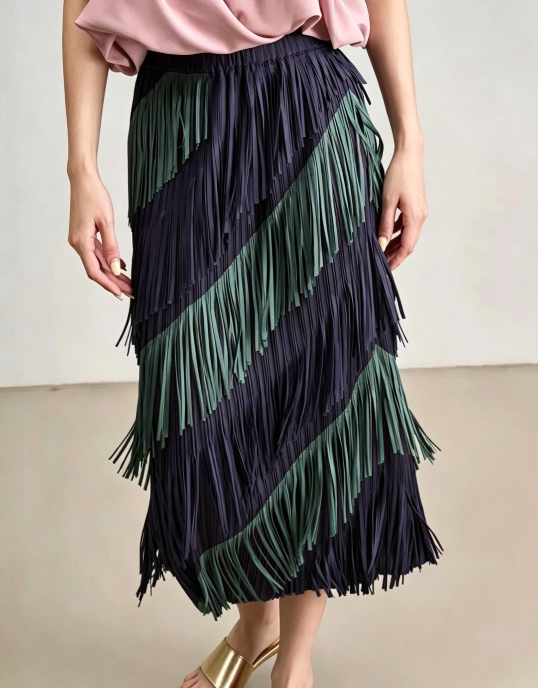 Color-Block Tassel Elastic High-Waist Straight Skirt